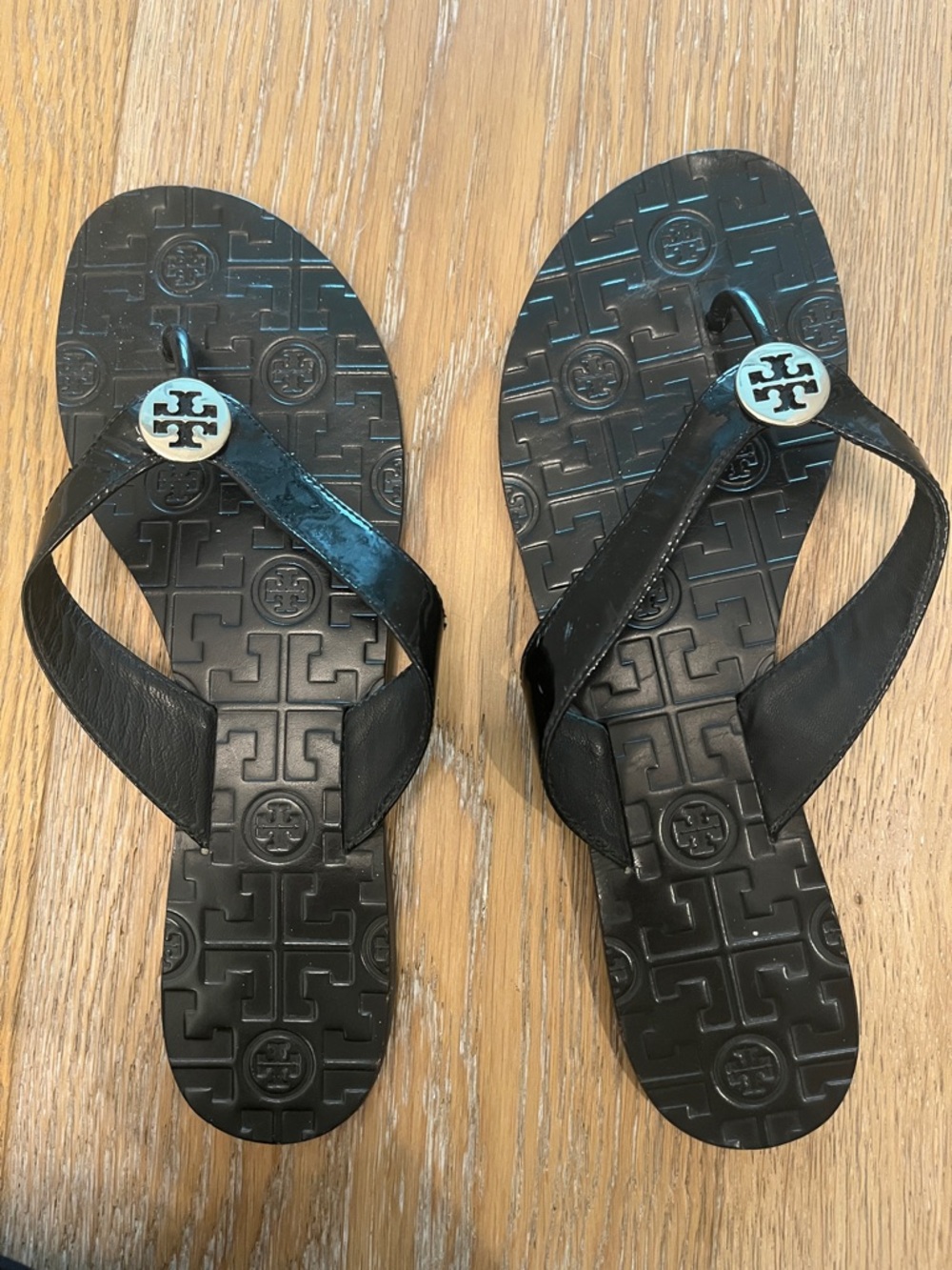 Tory Burch Black Logo Thong Sandals with Silver Medallions